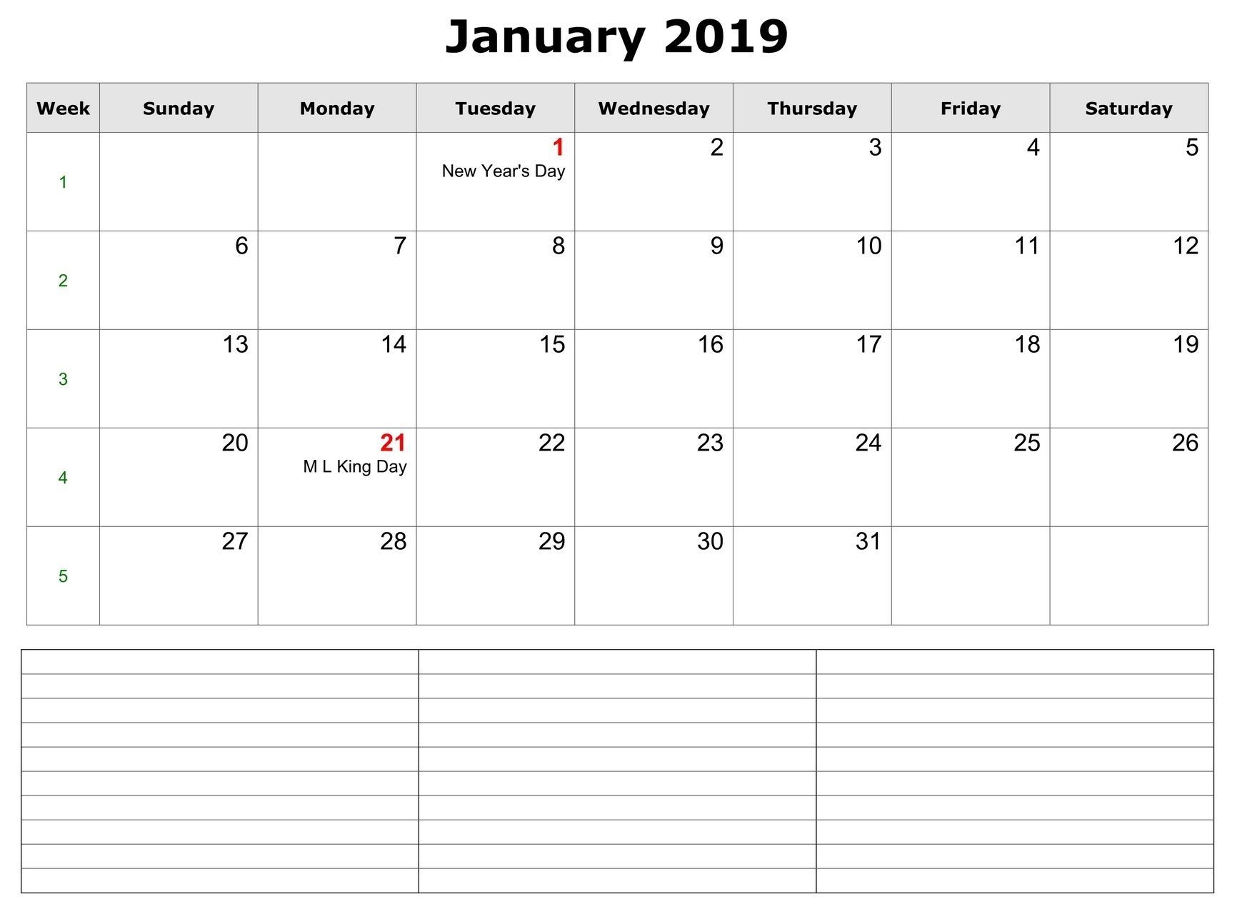 January 2019 Calendars Template With Notes Section