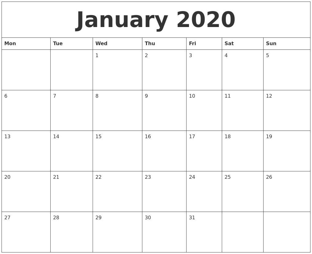 January 2020 Free Monthly Calendar Template