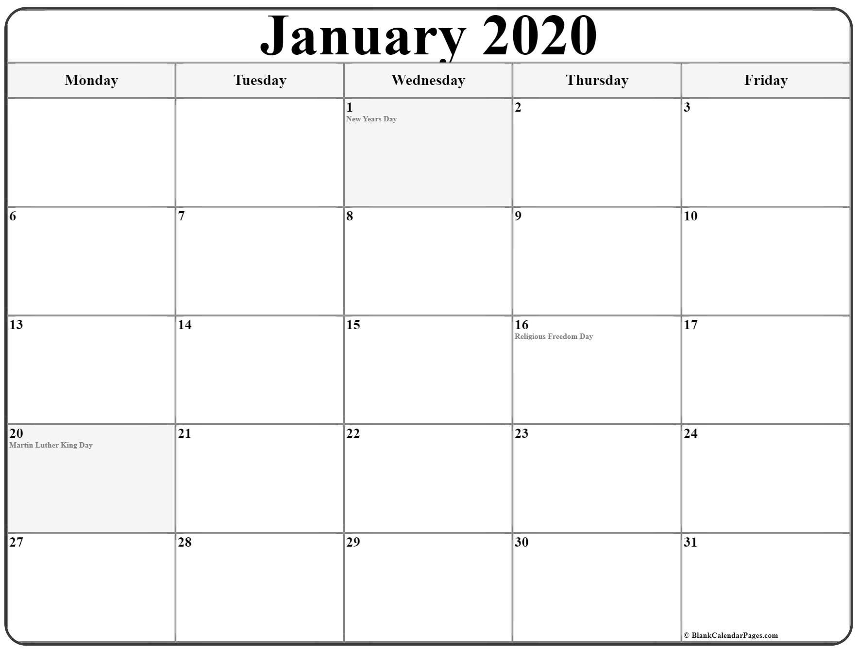 January 2020 Monday Calendar | Monday To Sunday