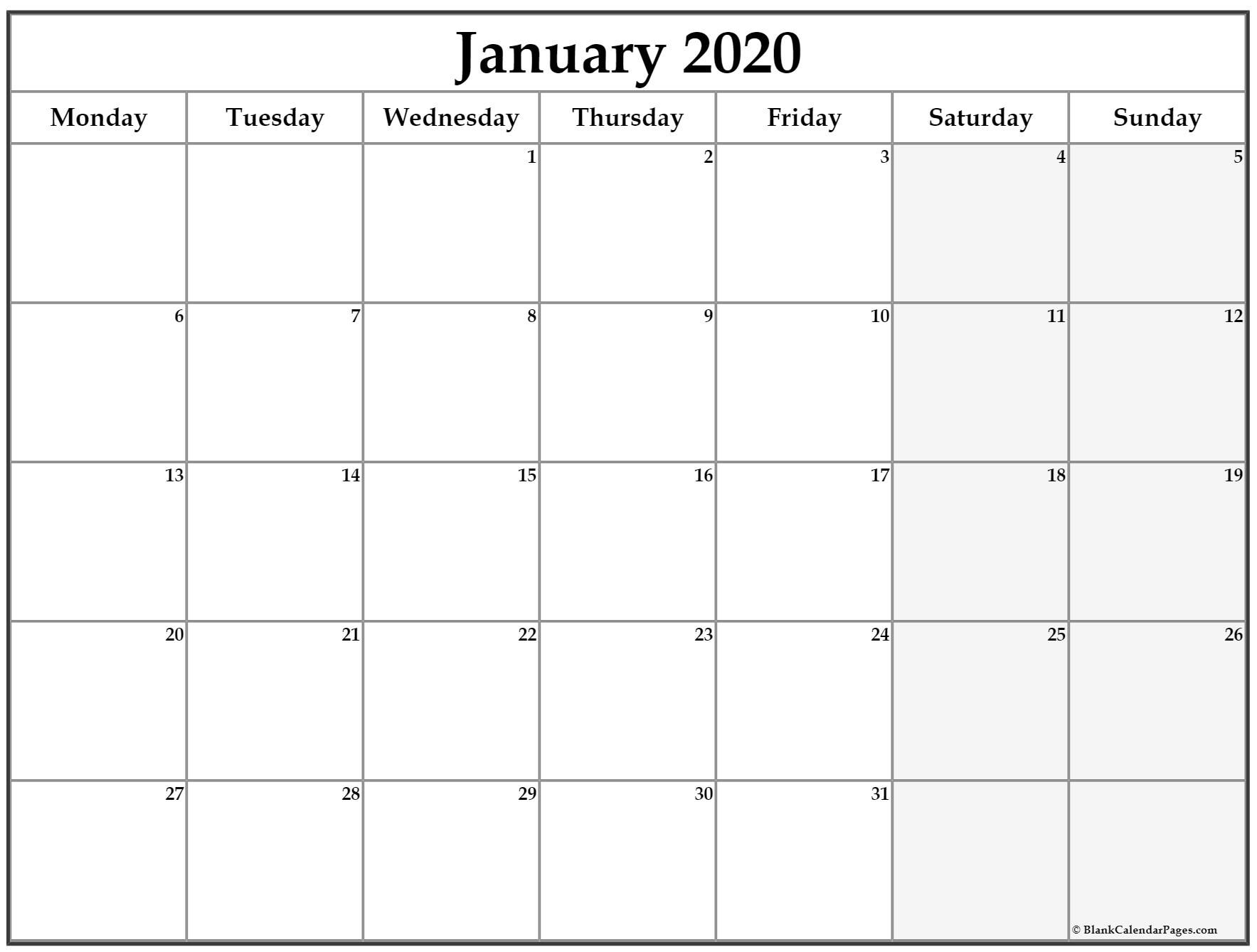 January 2020 Monday Calendar | Monday To Sunday