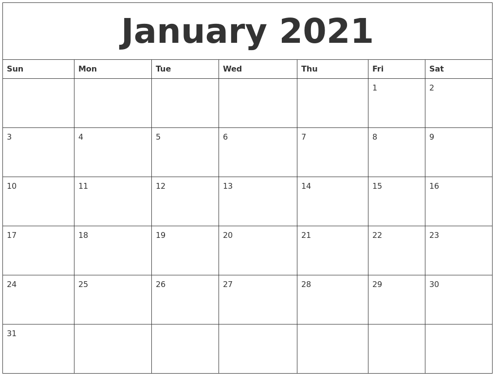 January 2021 Free Monthly Printable Calendar