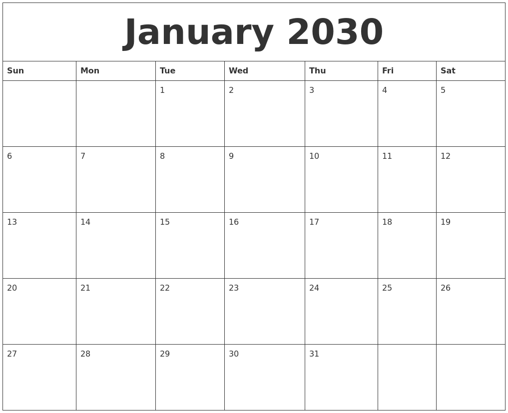 January 2030 Print Out Calendar