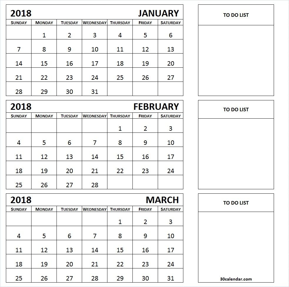 January To March 2018 Calendar Printable | 3 Month Calendar