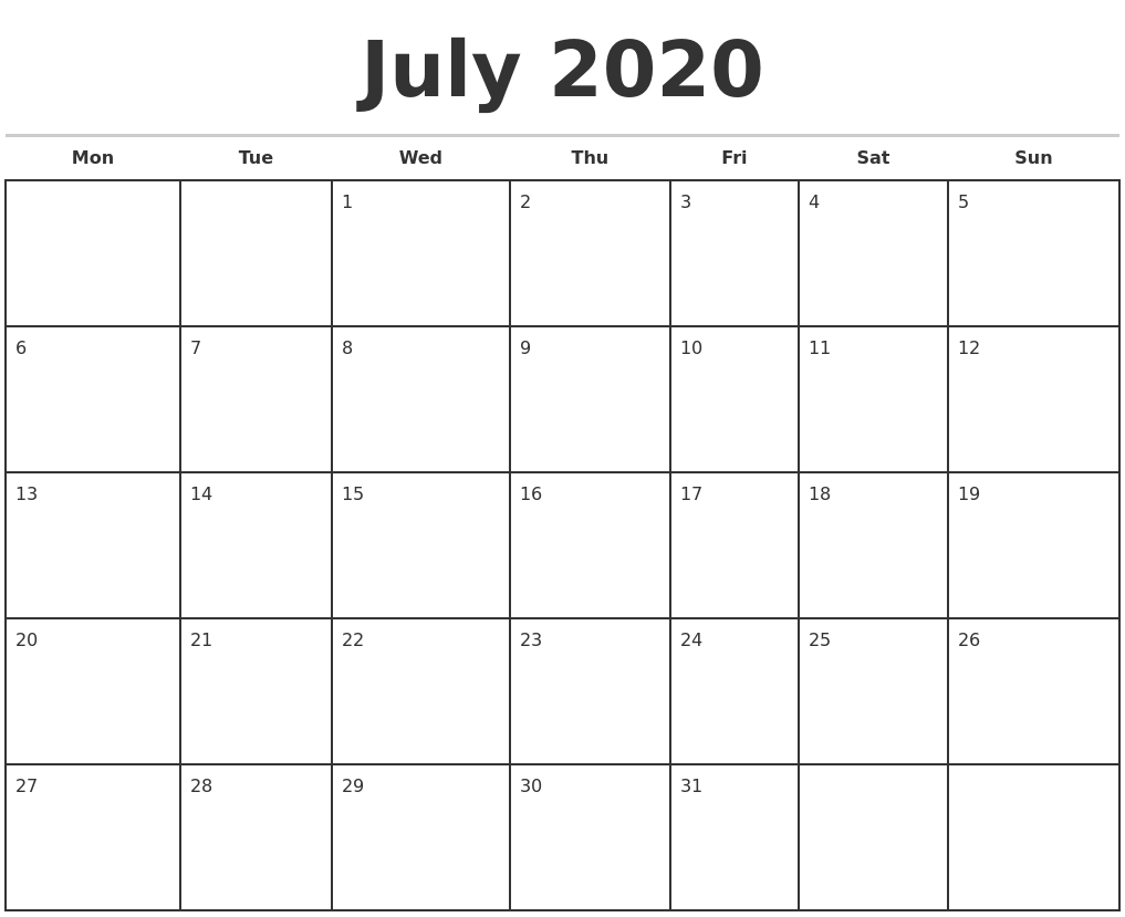 July 2020 Monthly Calendar Template