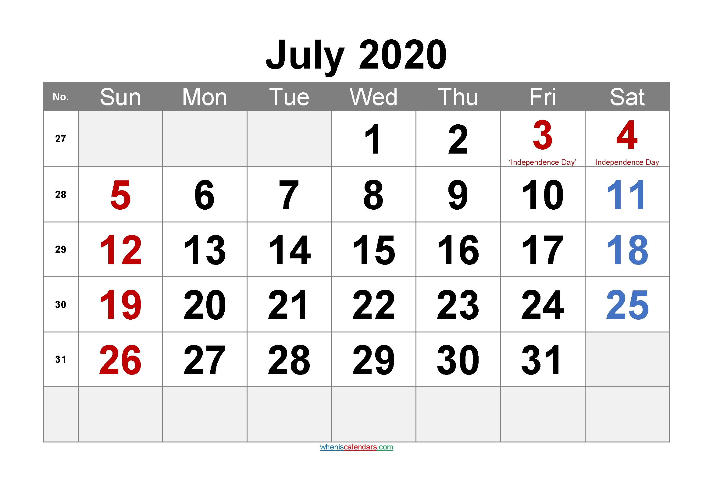 July 2020 Printable Calendar With Holidays - 6 Templates