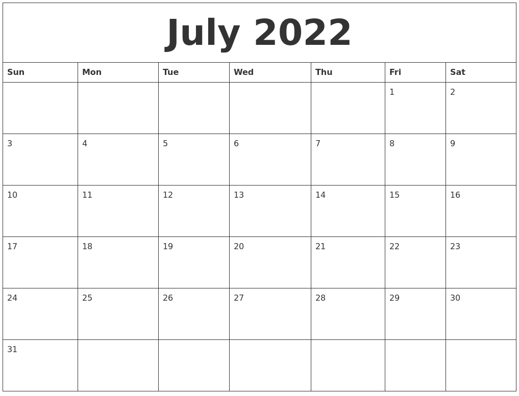 July 2022 Free Online Calendar