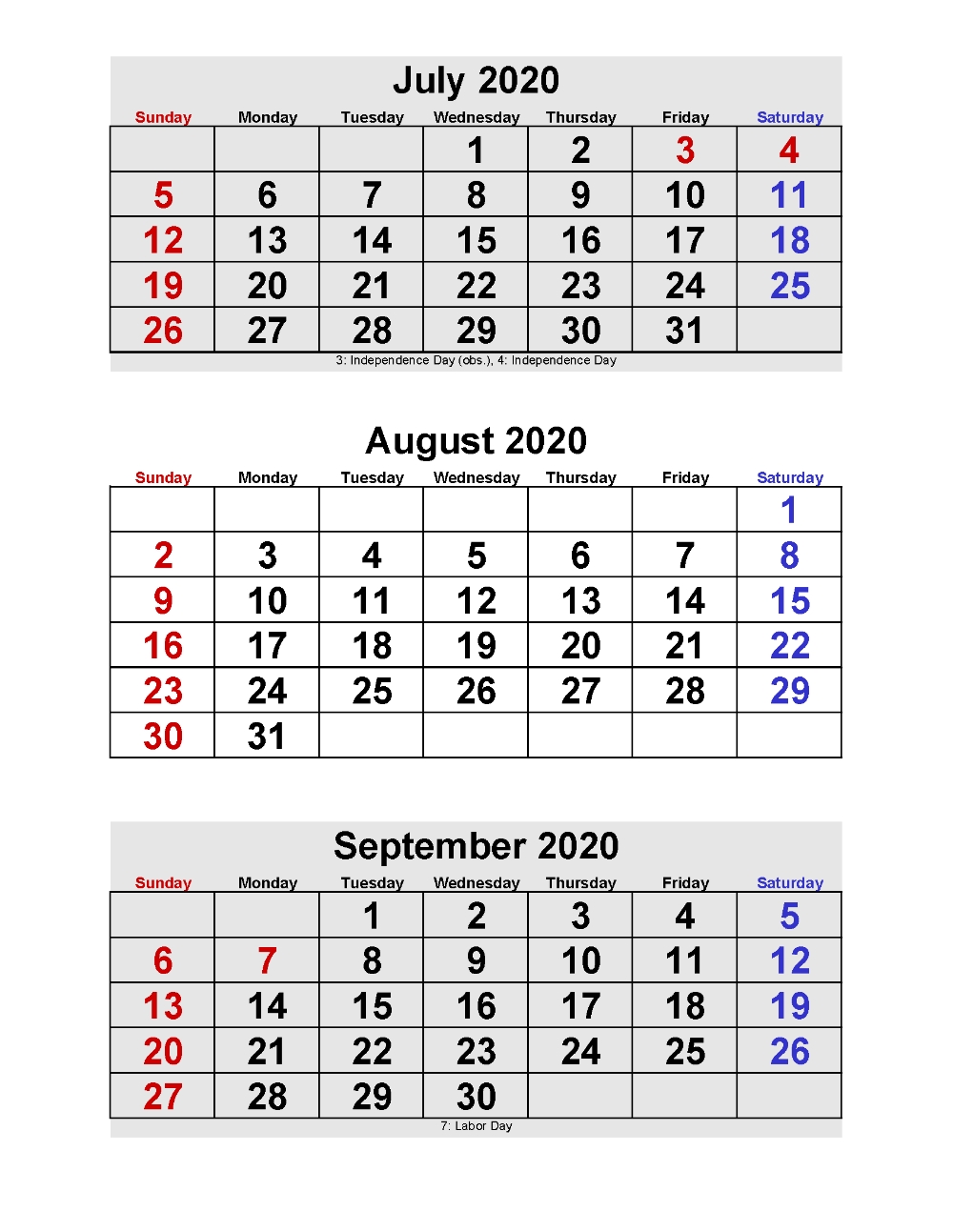 July August September 2020 Calendar 3 Months Per Page