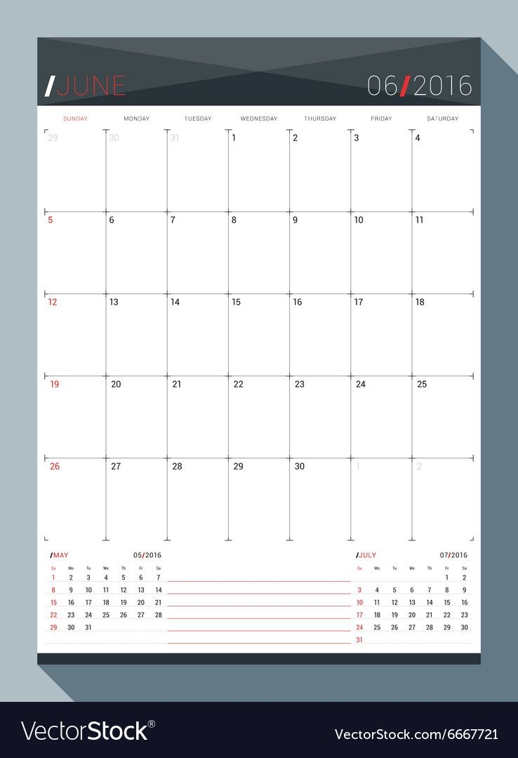 June 2016 Design Print Template Monthly Calendar