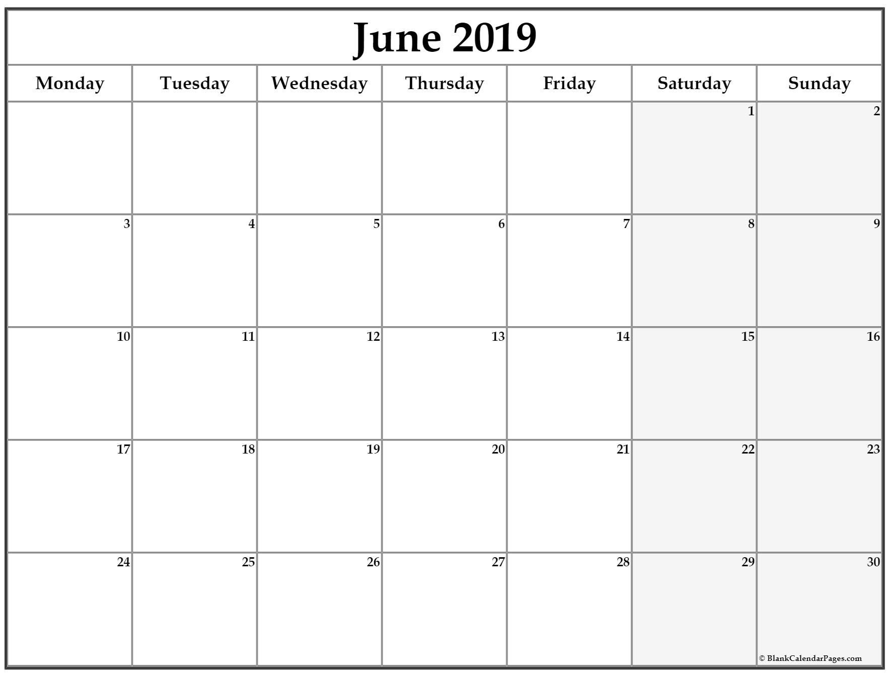 June 2019 Monday Calendar. Monday To Sunday (With Images