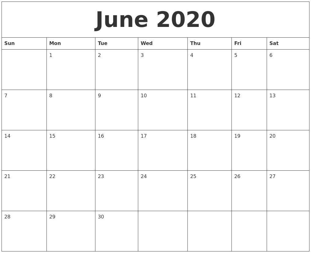 June 2020 Free Downloadable Calendar
