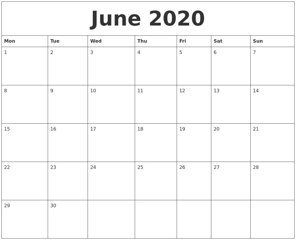 June 2020 Large Printable Calendar
