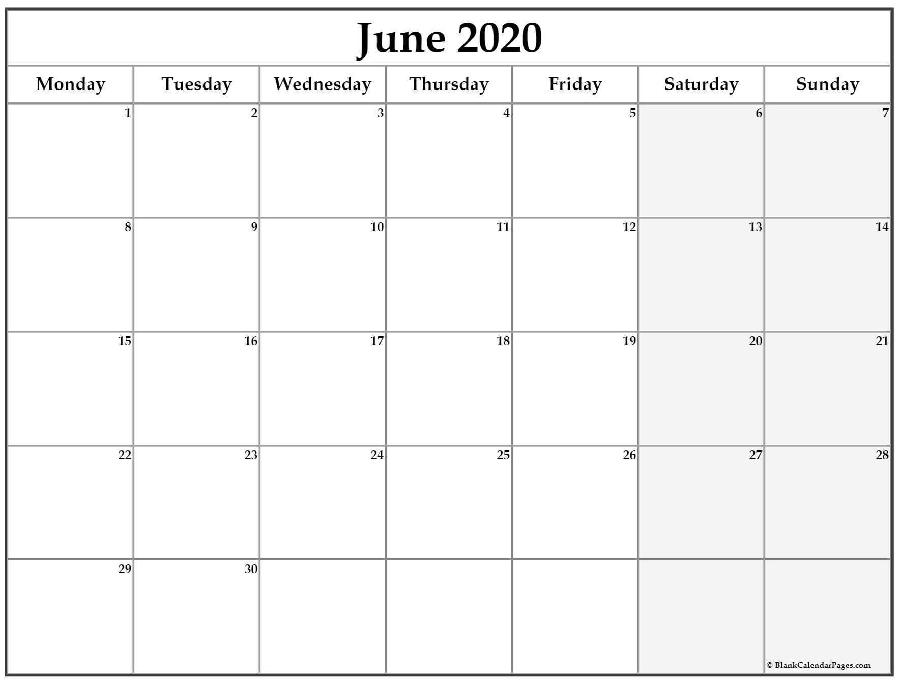 June 2020 Monday Calendar | Monday To Sunday