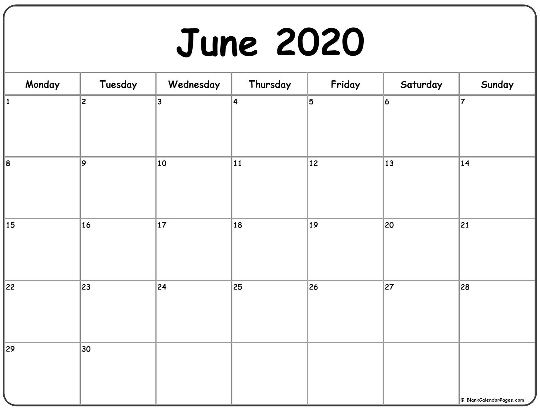 June 2020 Monday Calendar | Monday To Sunday