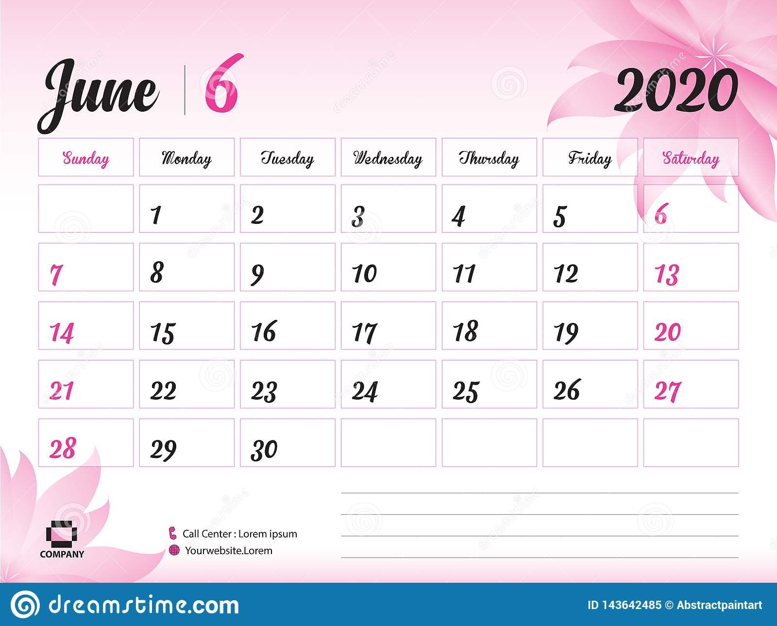 June 2020 Year Template, Calendar 2020 Vector, Desk Calendar