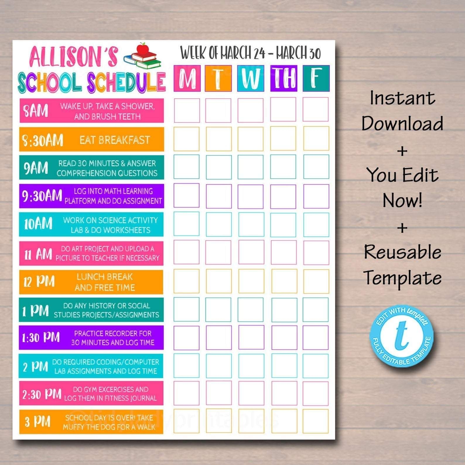 Kids Student Calendar Planner Printable, Editable Template