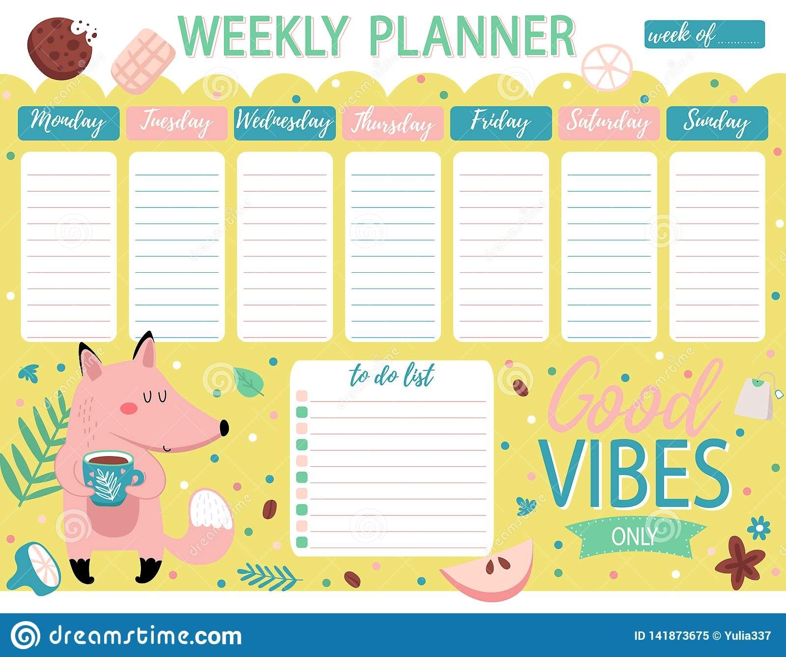Kids Weekly Calendar Planner With Fox Stock Illustration