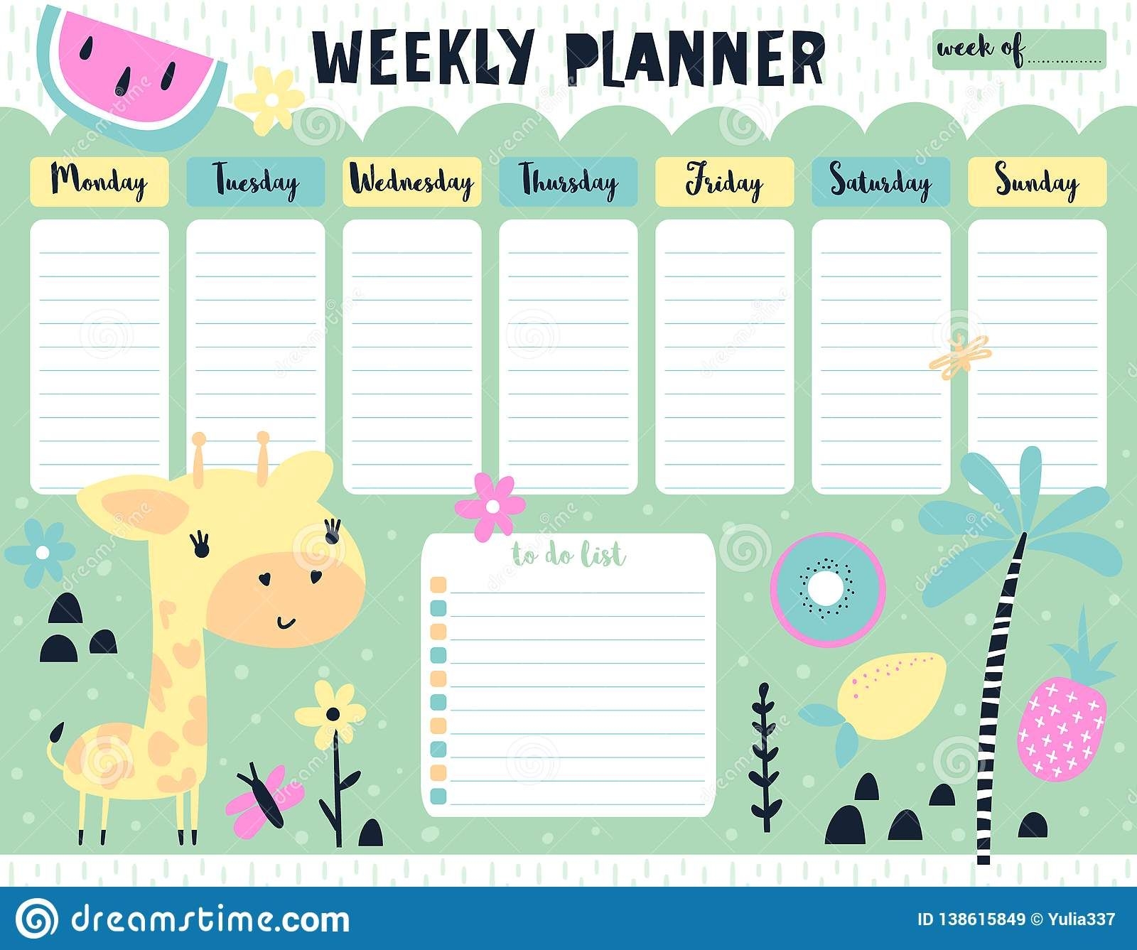 Kids Weekly Calendar Planner With Giraffe Stock Vector