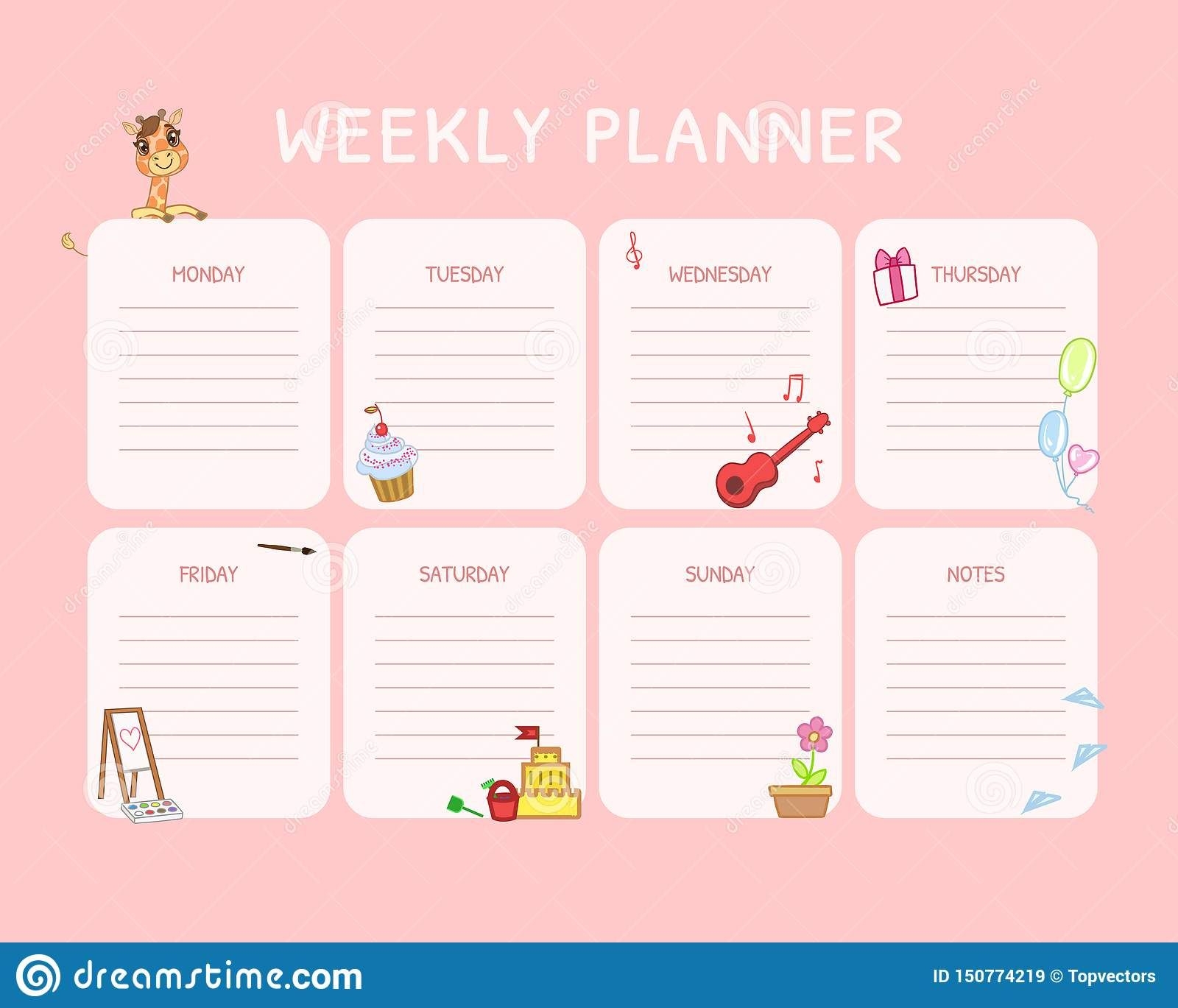 Kids Weekly Planner, Calendar Daily Pink Template, Organizer