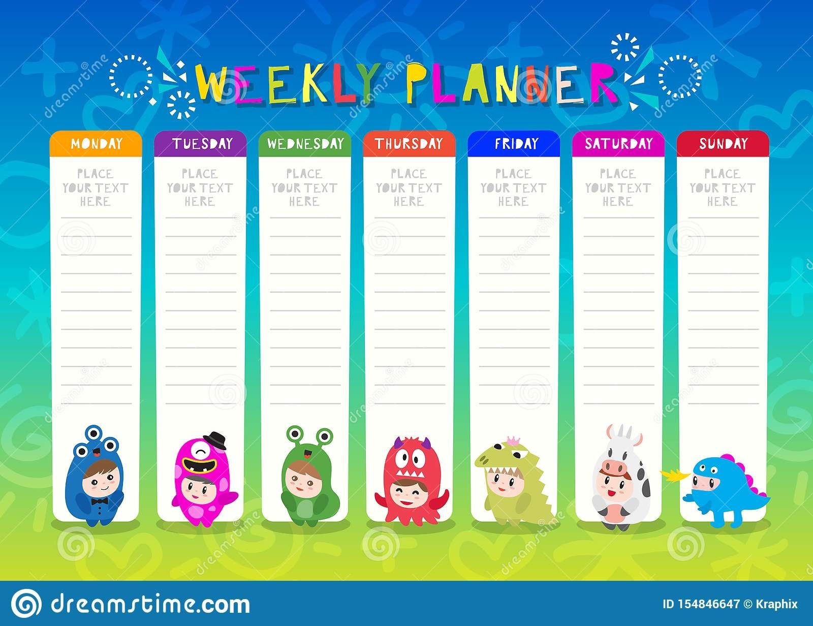 Kids Weekly Planner With Cute Monster Cartoon Characters. A