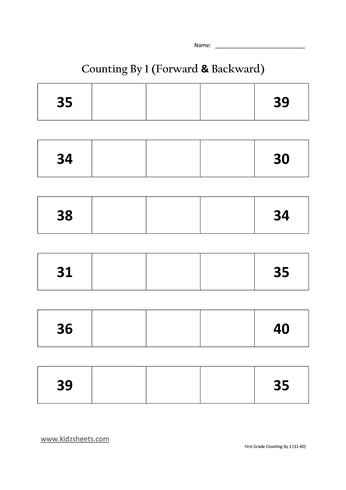 Kidz Worksheets: First Grade Counting By 1 (31-40)
