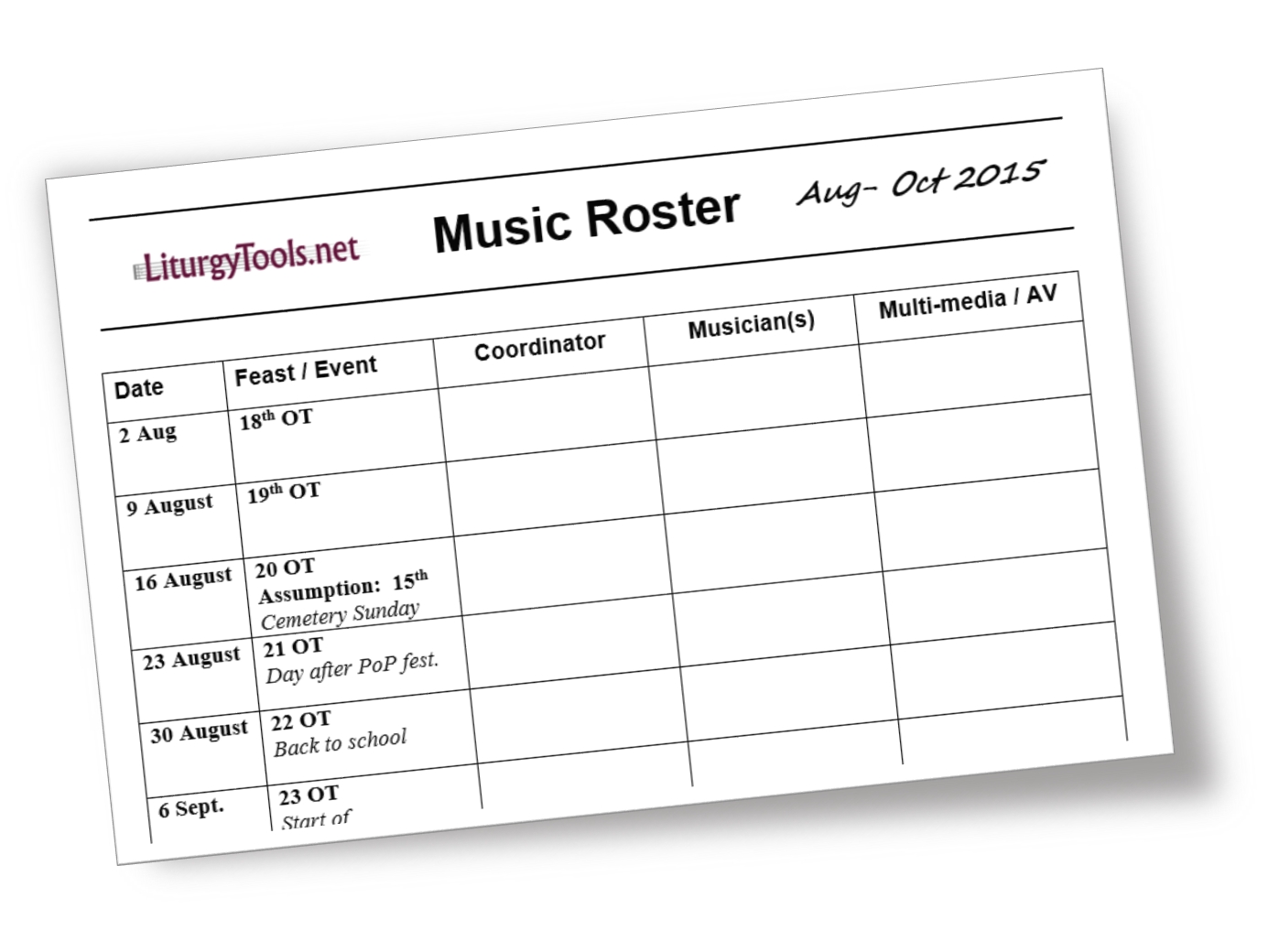 Liturgytools: Blank Template For A Church Music Roster