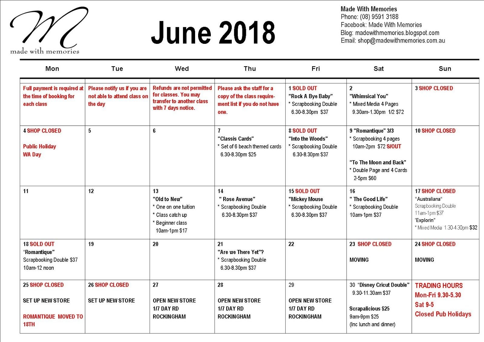 Made With Memories: June Class Calendar
