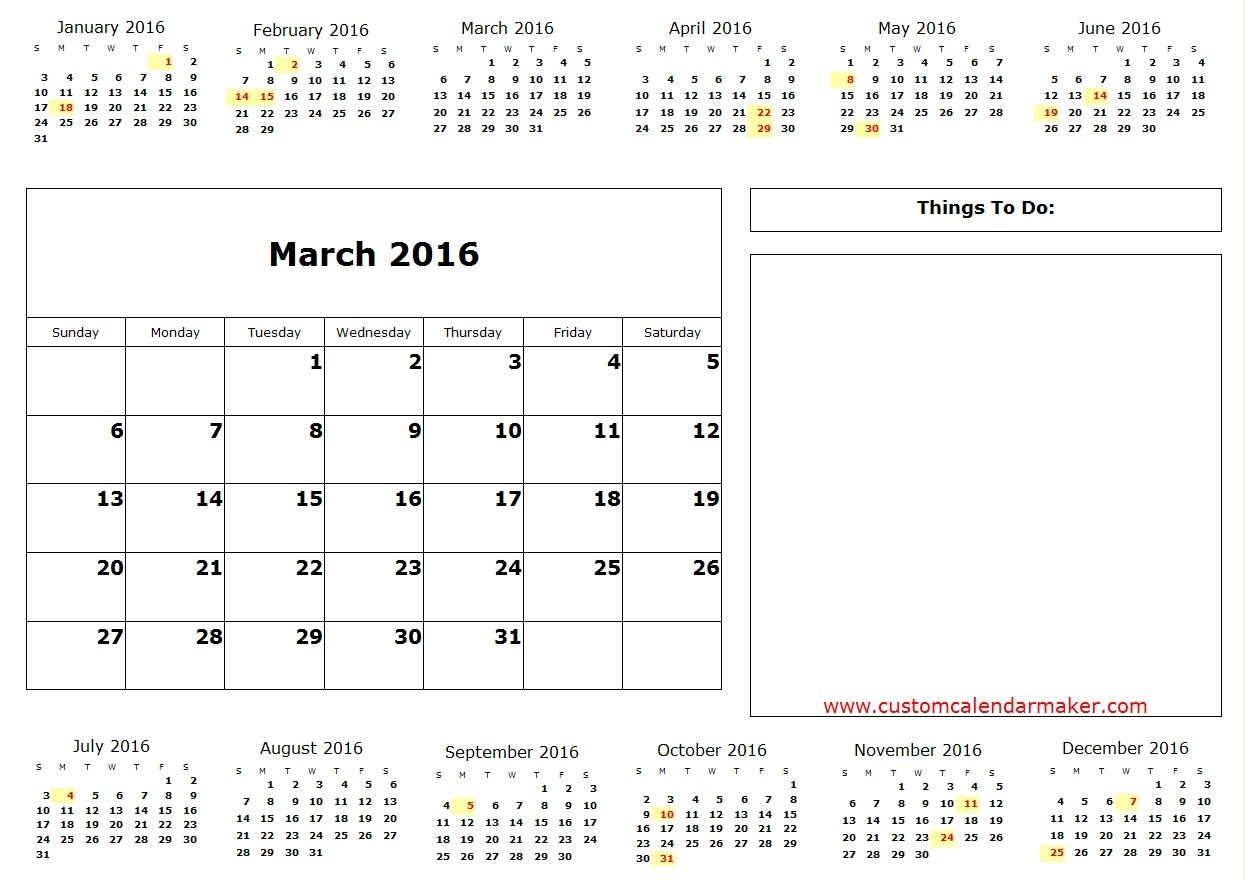 March 2016 Calendar Printable One Page