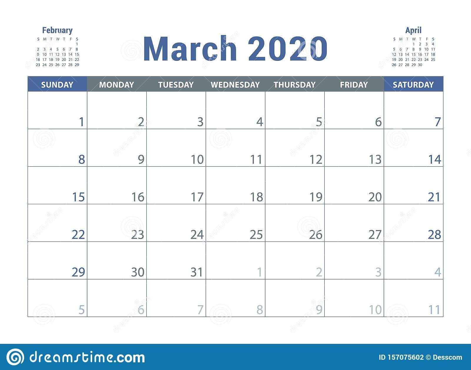 March 2020 Calendar. English Planner. Сolor Vector Template