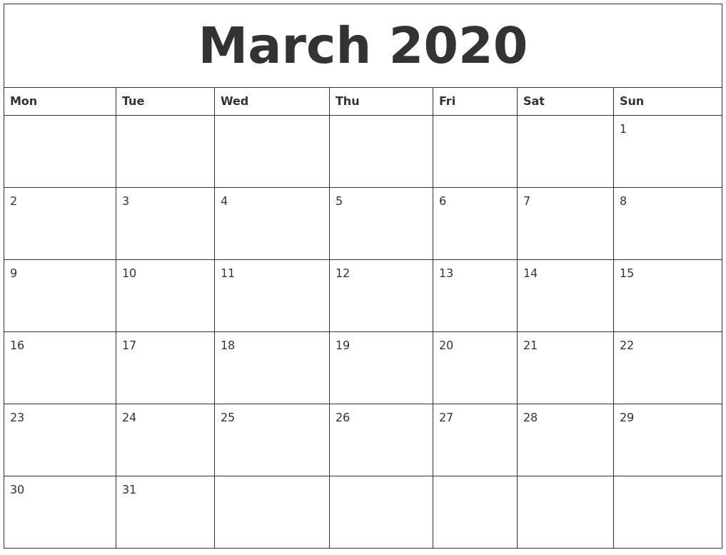 March 2020 Editable Calendar Template