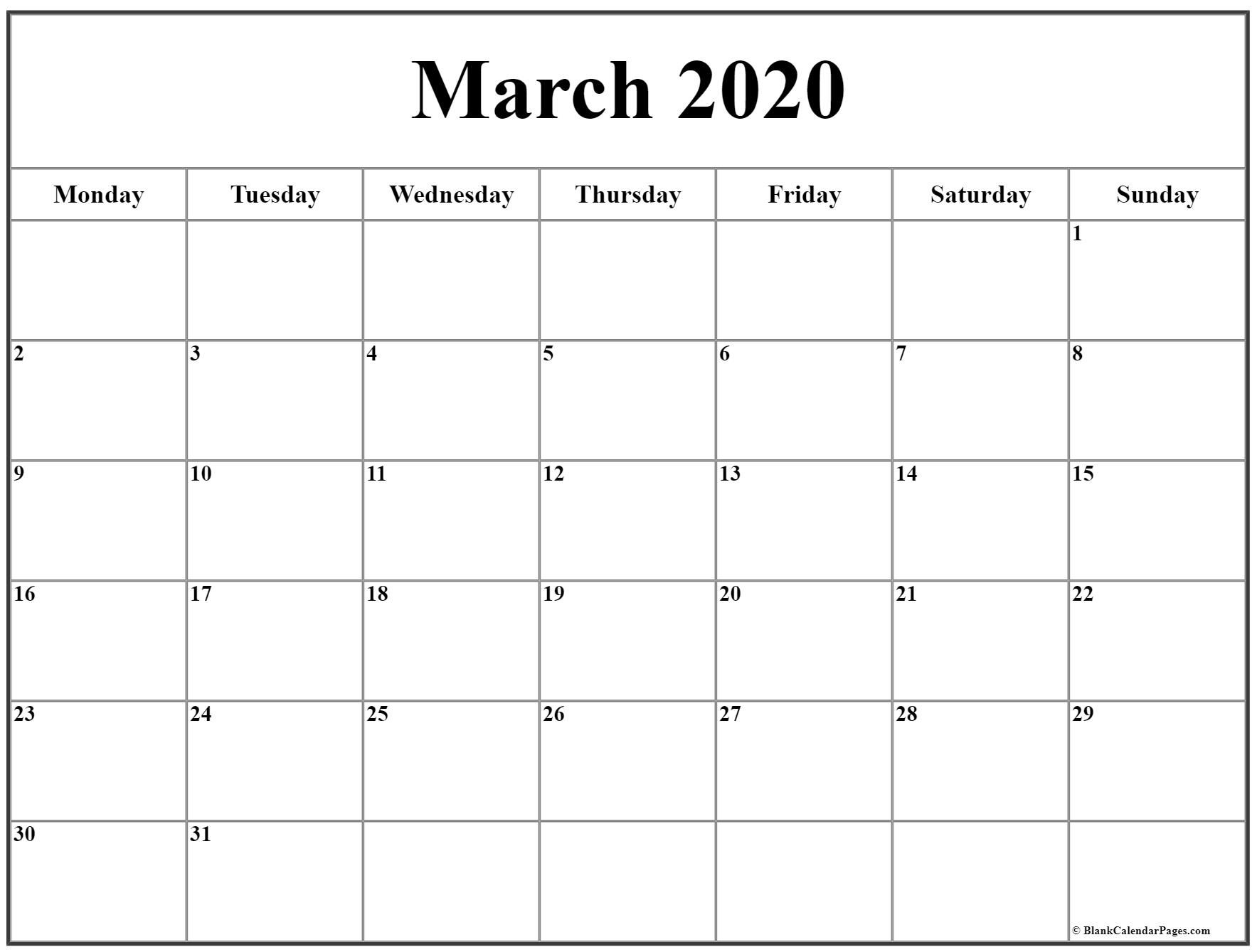 March 2020 Monday Calendar | Monday To Sunday