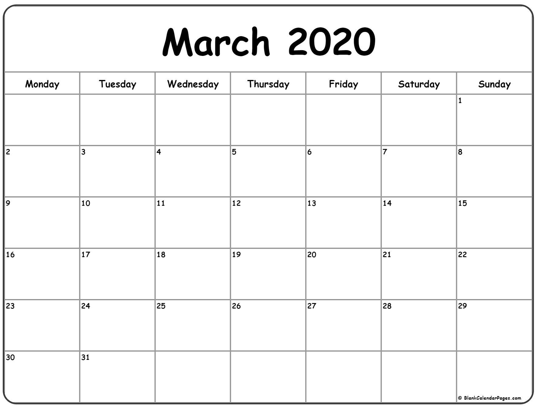 March 2020 Monday Calendar | Monday To Sunday | August
