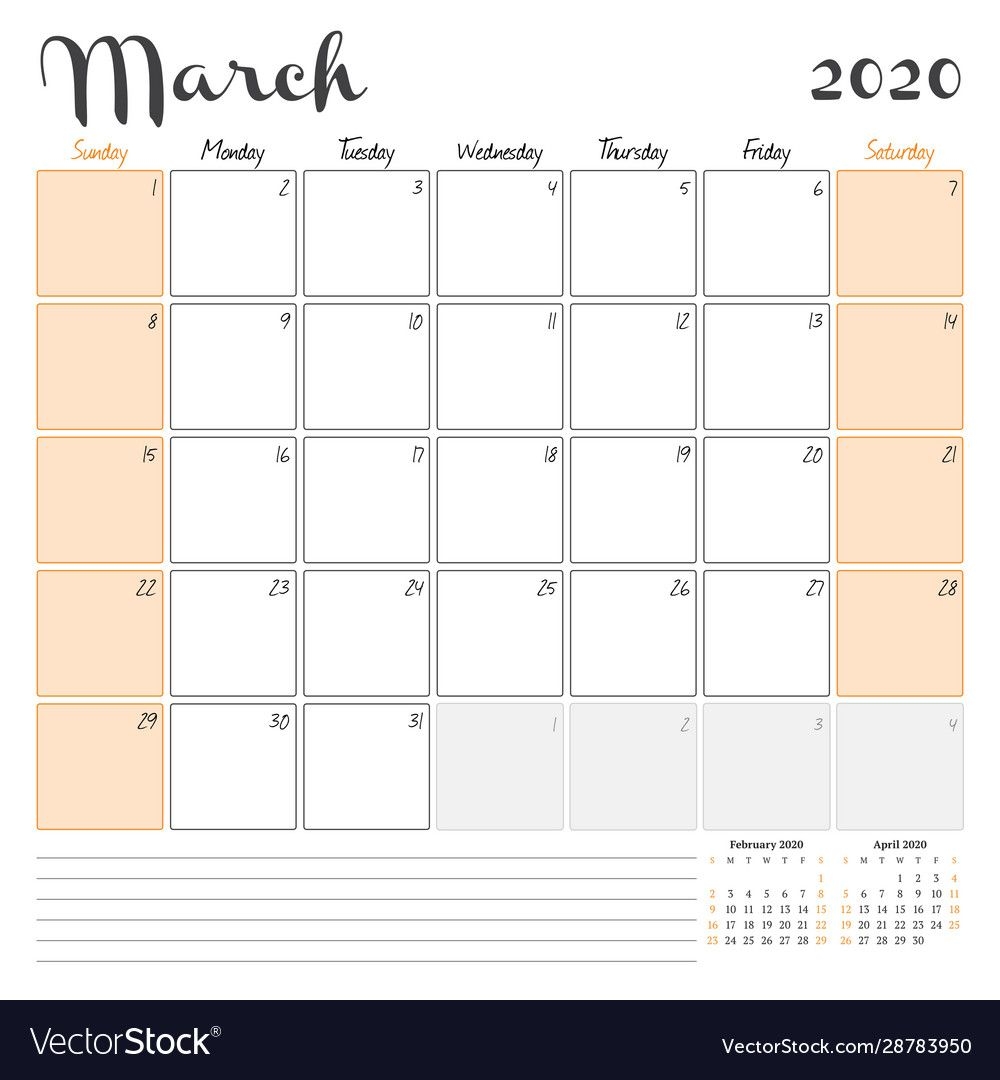 March 2020 Monthly Calendar Planner Printable