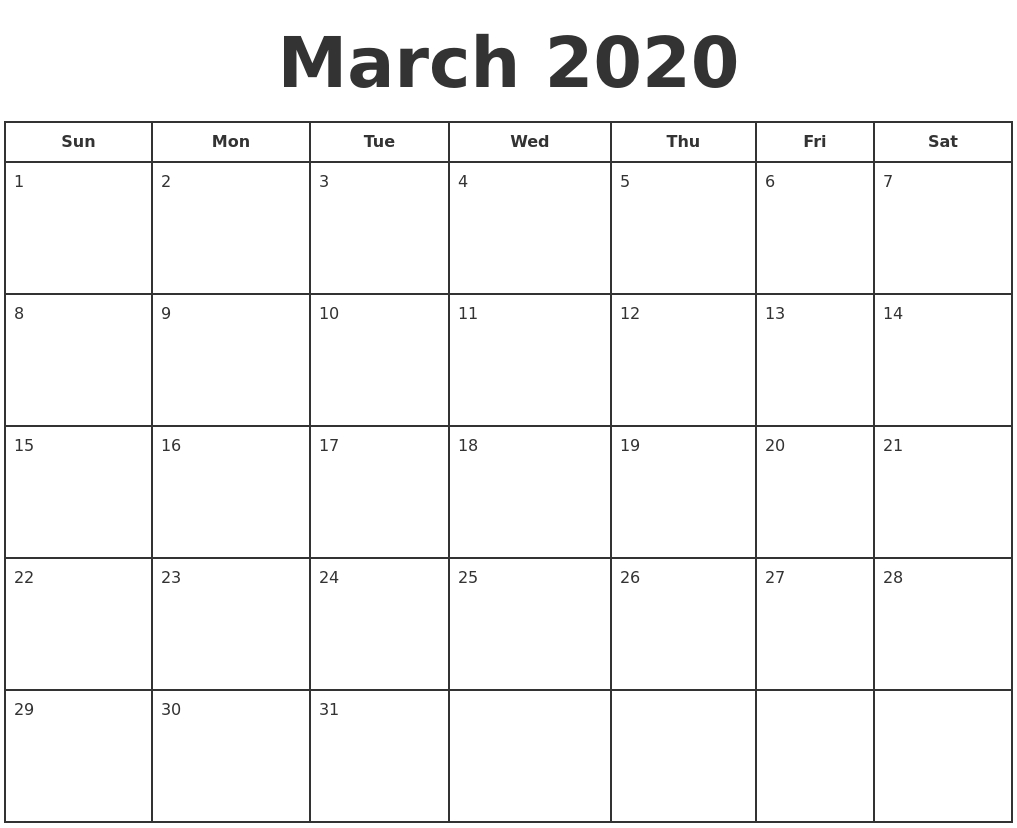 March 2020 Print A Calendar
