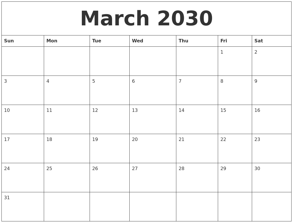 March 2030 Online Printable Calendar