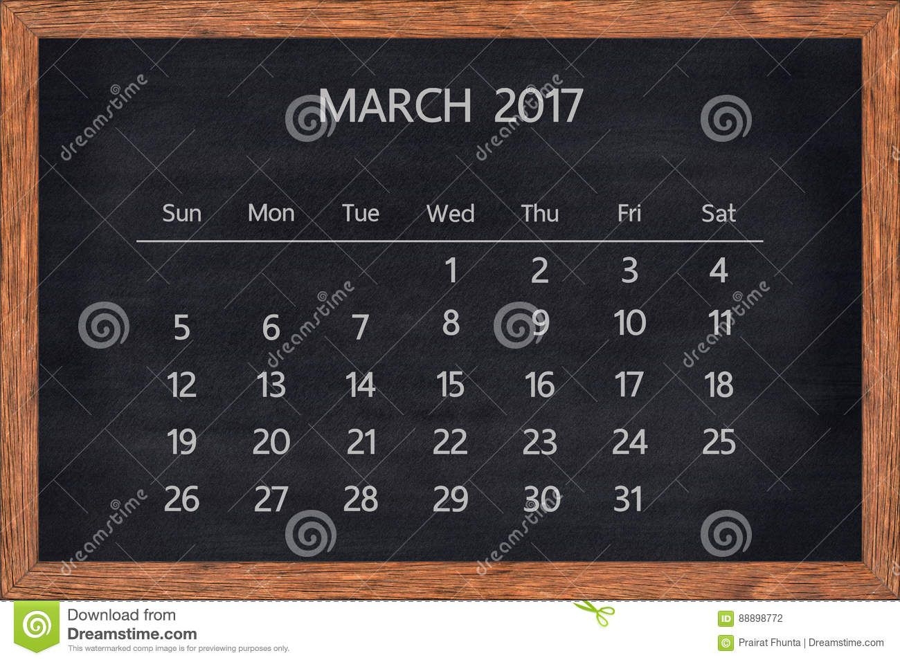 March Month 2017 Calendar On Chalkboard Wood Frame. Stock