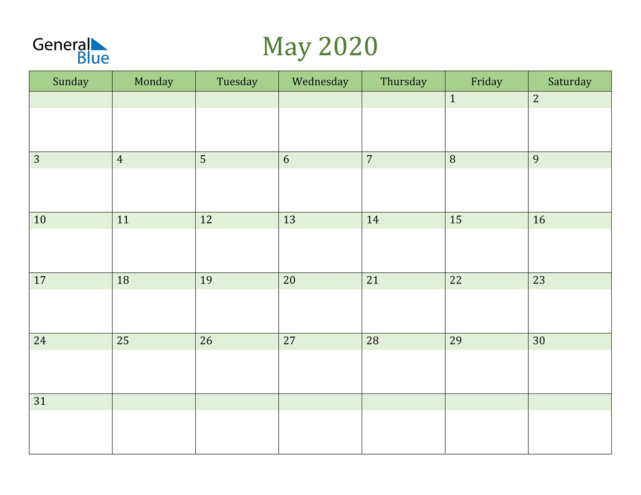 May 2020 Calendar - Pdf Word Excel