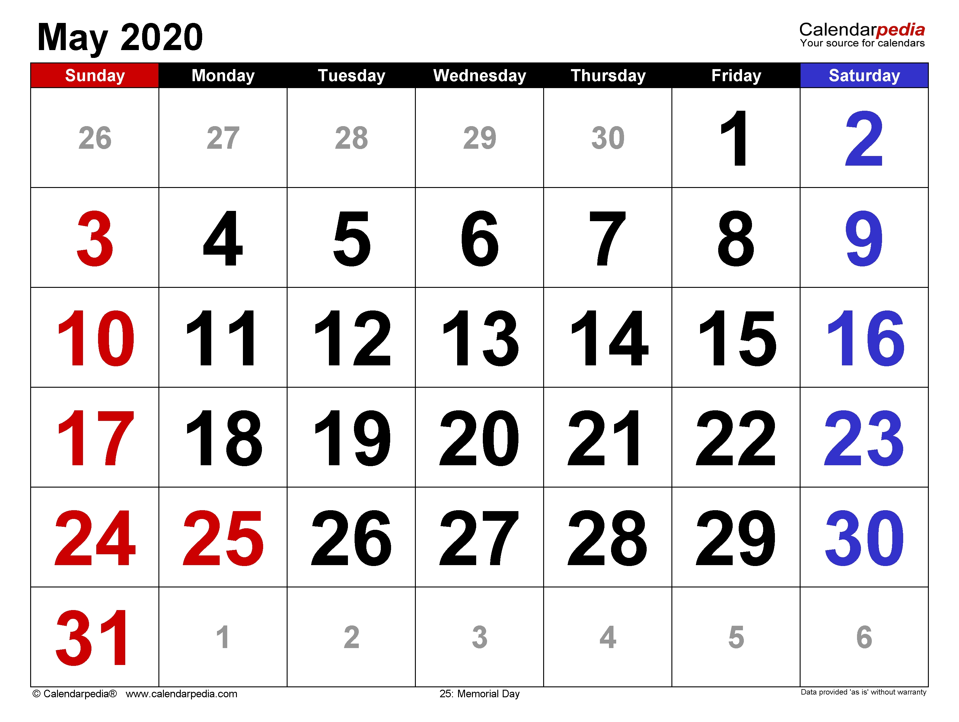 May 2020 - Calendar Templates For Word, Excel And Pdf