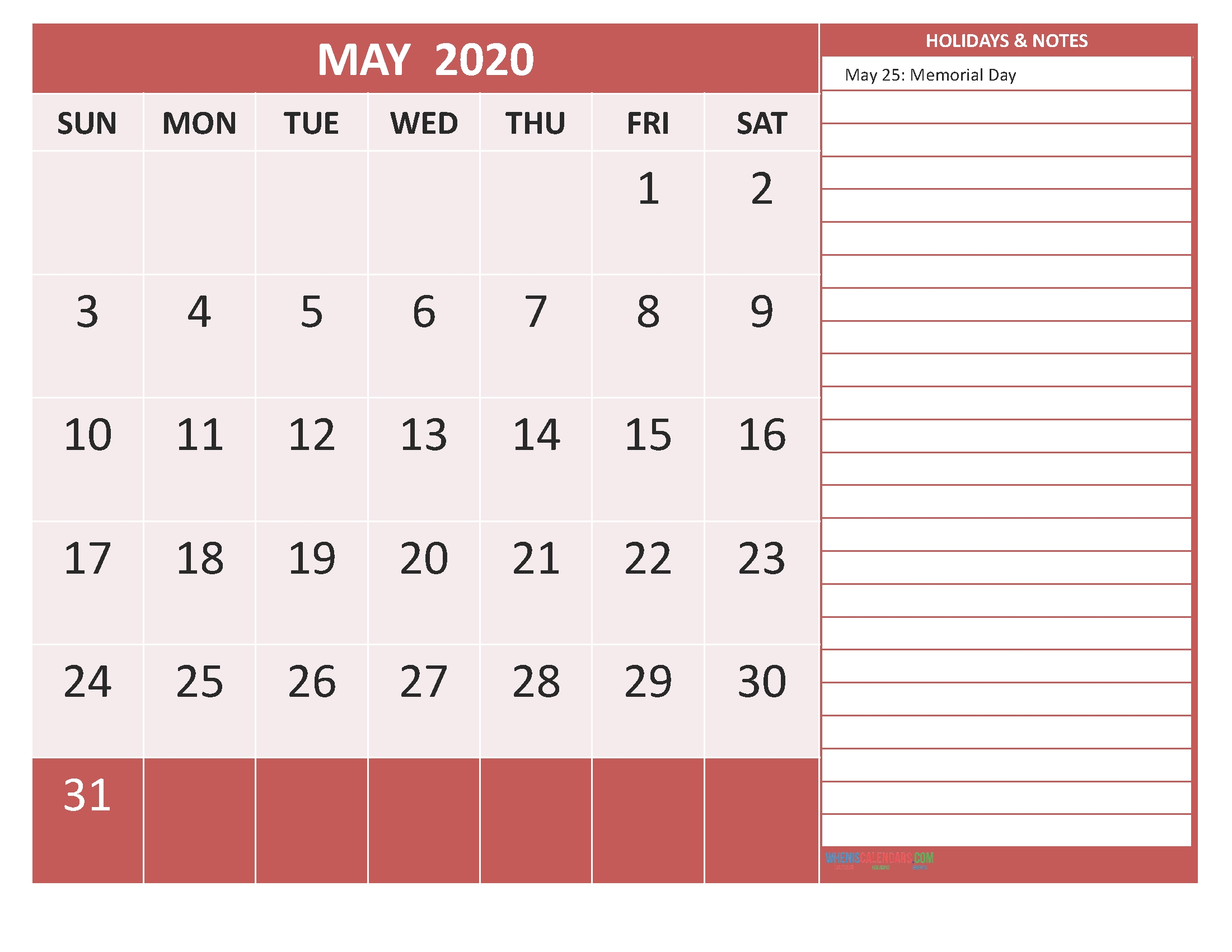 May 2020 Calendar With Holidays Free Printable By Word