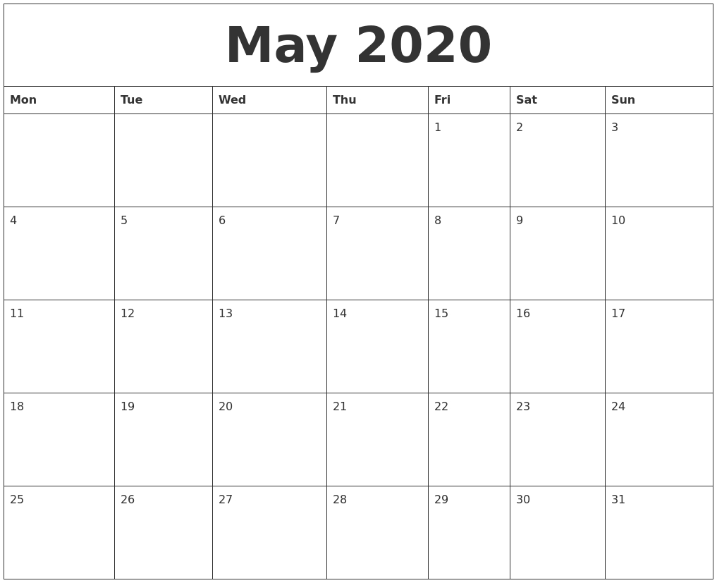 May 2020 Free Printable Monthly Calendar