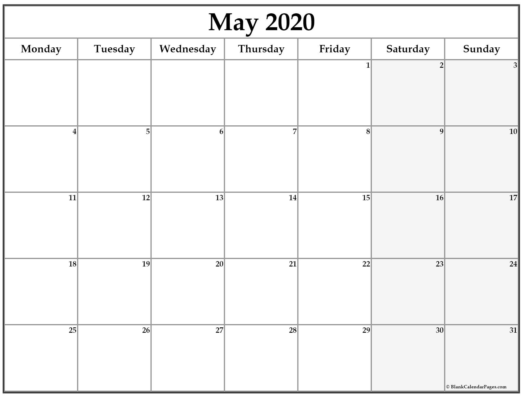 May 2020 Monday Calendar | Monday To Sunday