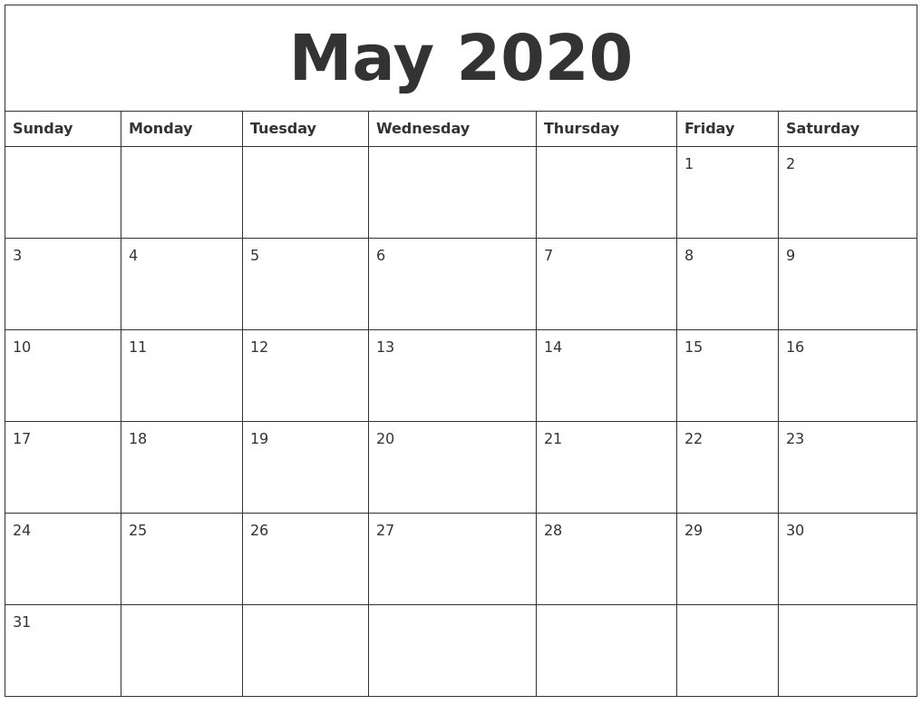 May 2020 Month Calendar Template