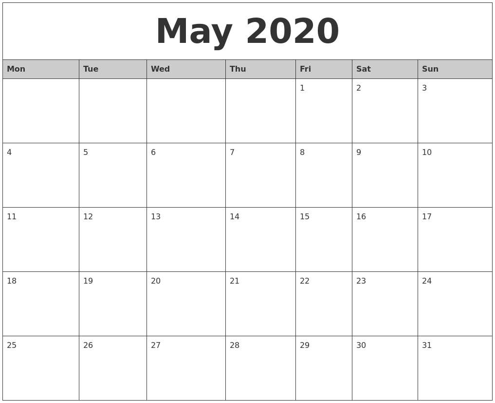 May 2020 Monthly Calendar Printable