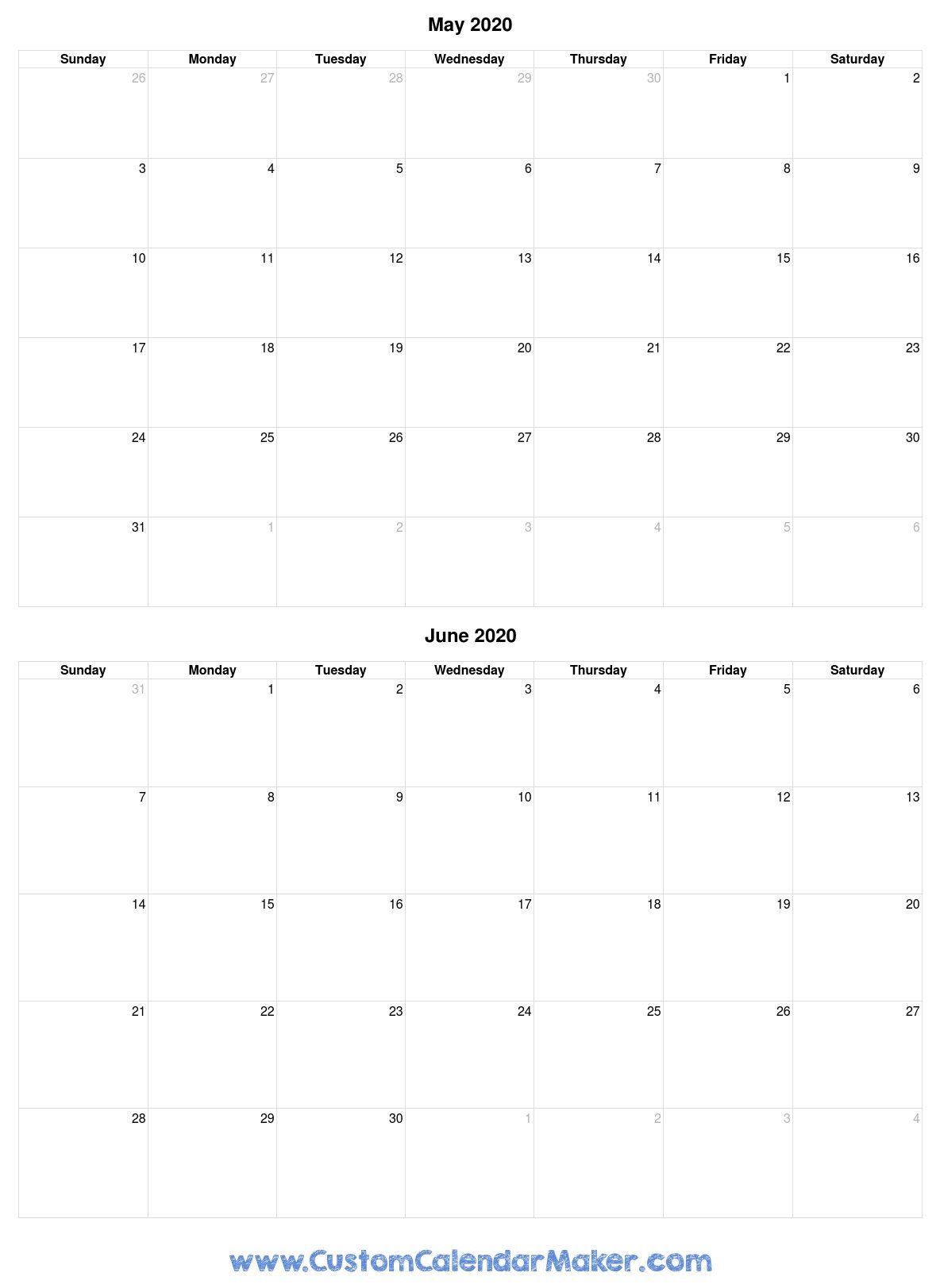 May And June 2020 Free Printable Calendar Template