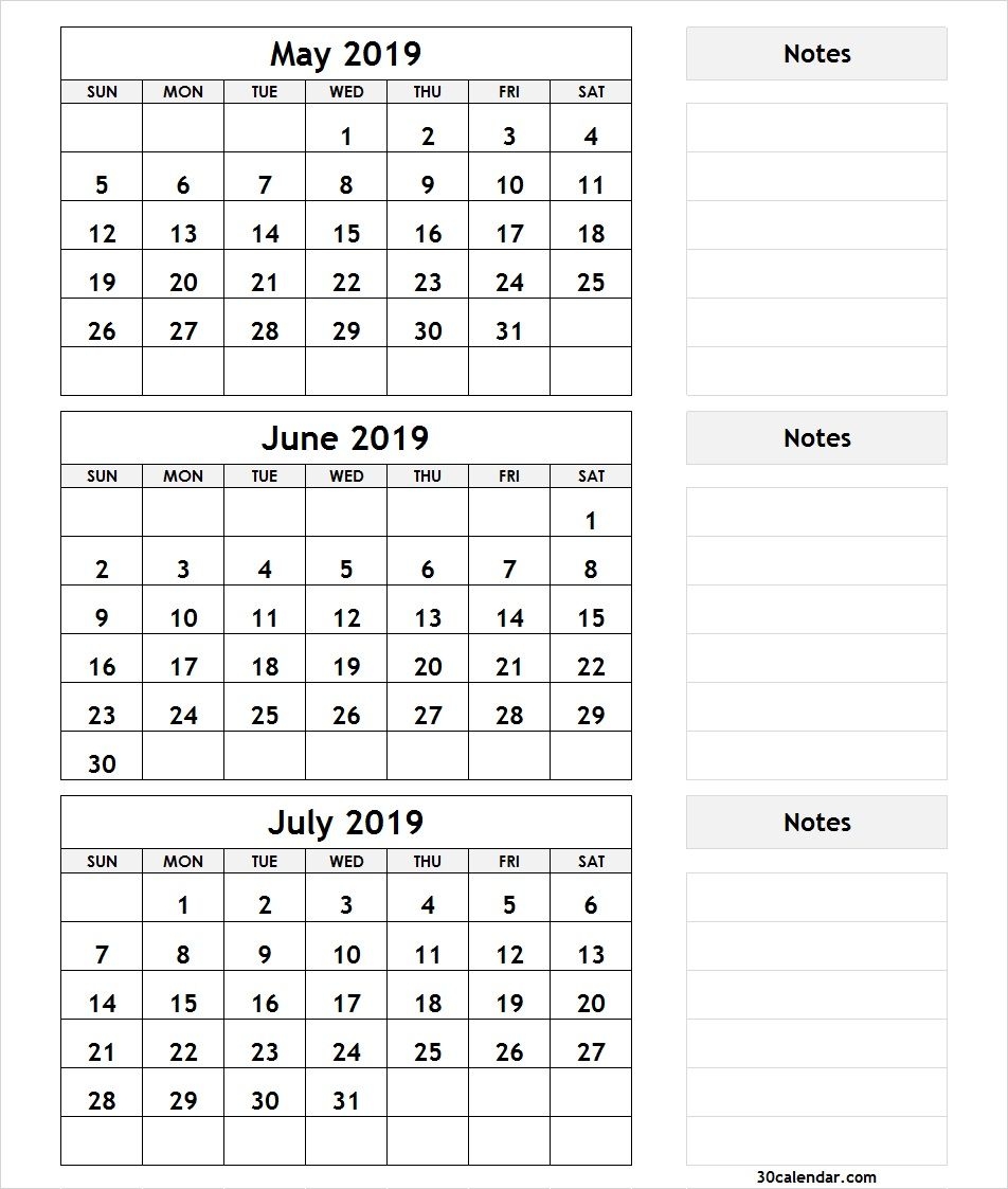 May June July 2019 Calendar | 3 Month Calendar Template