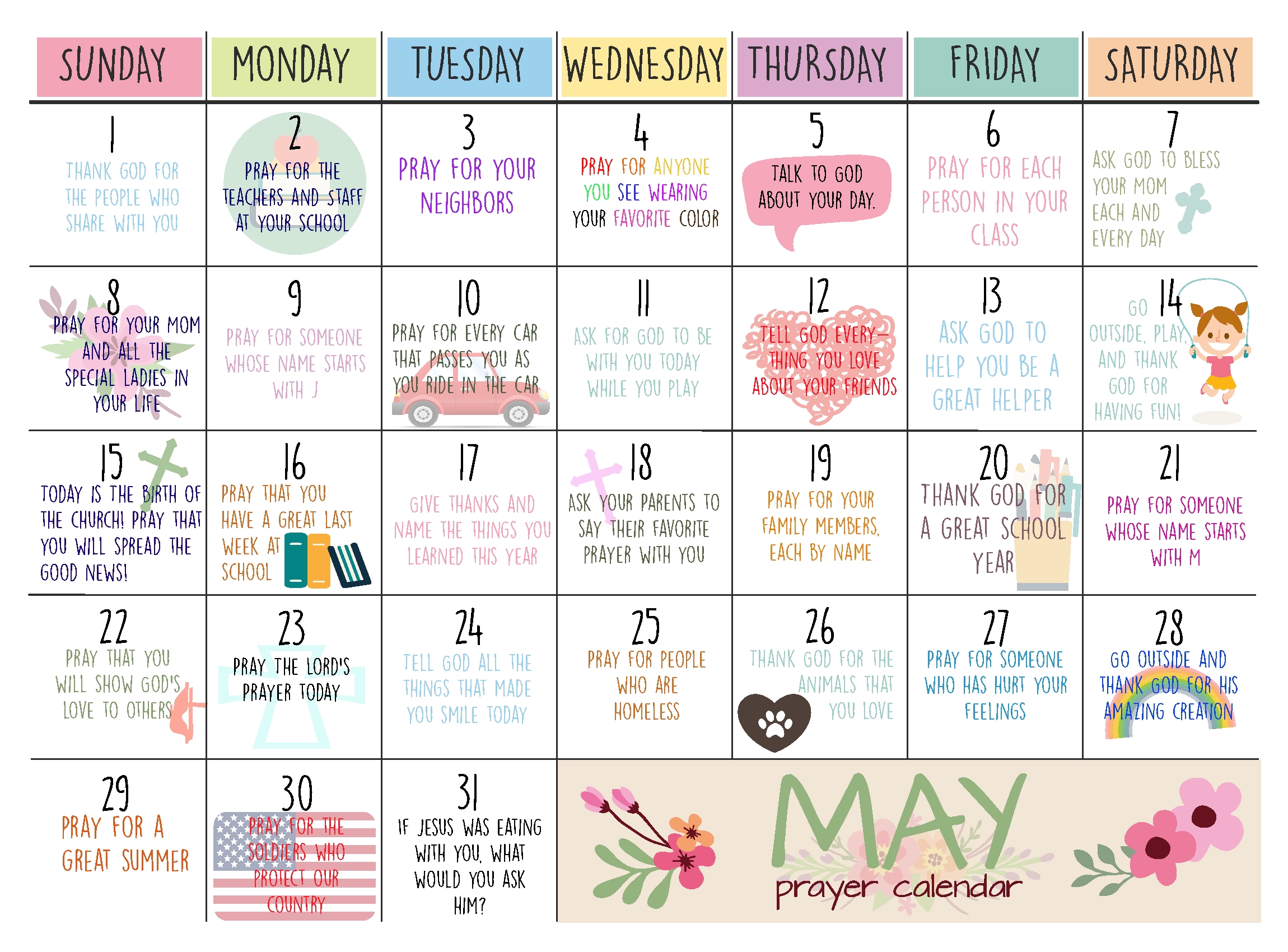 May Prayer Calendar For Kids, Prayer Calendar, Prayer