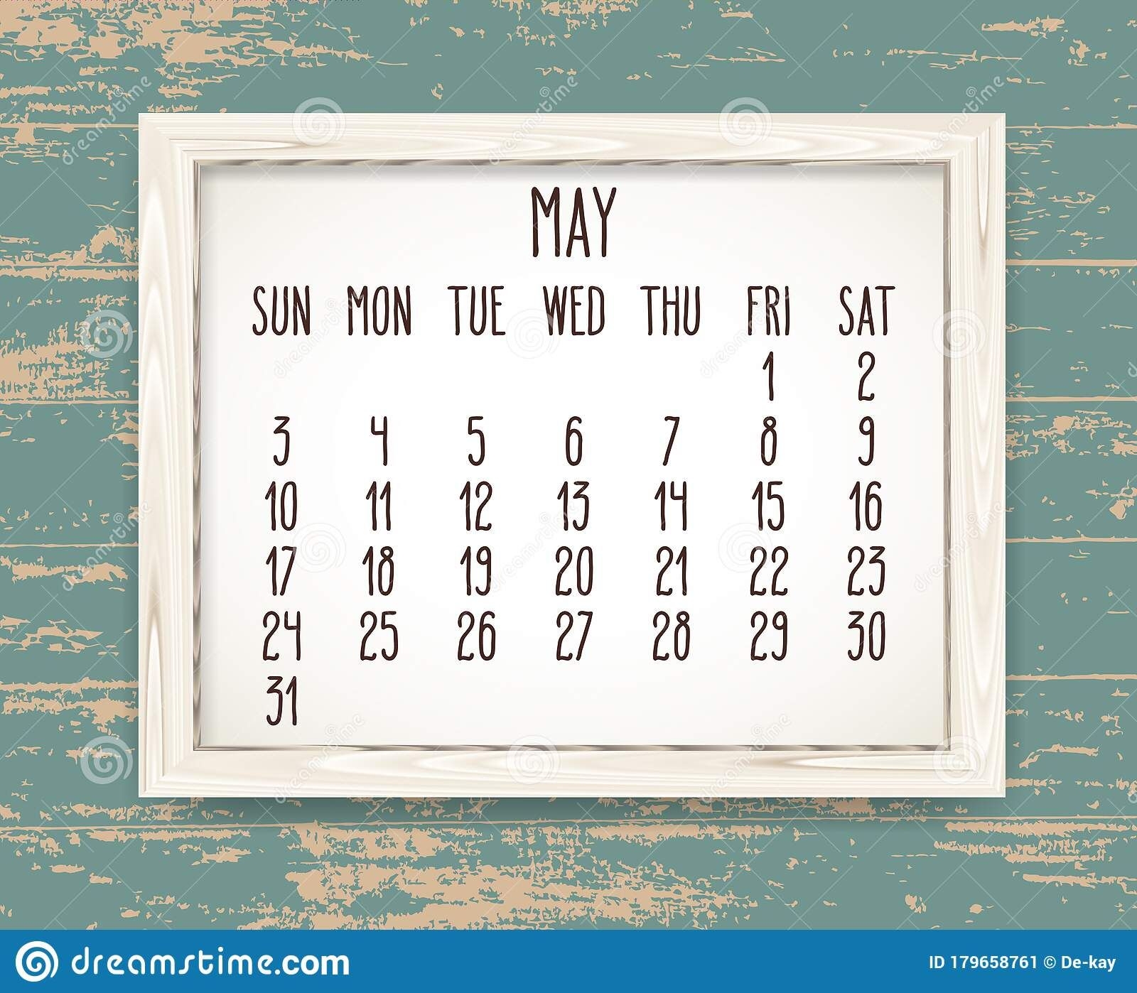 May Year 2020 Monthly Calendar In A Wooden Frame Stock