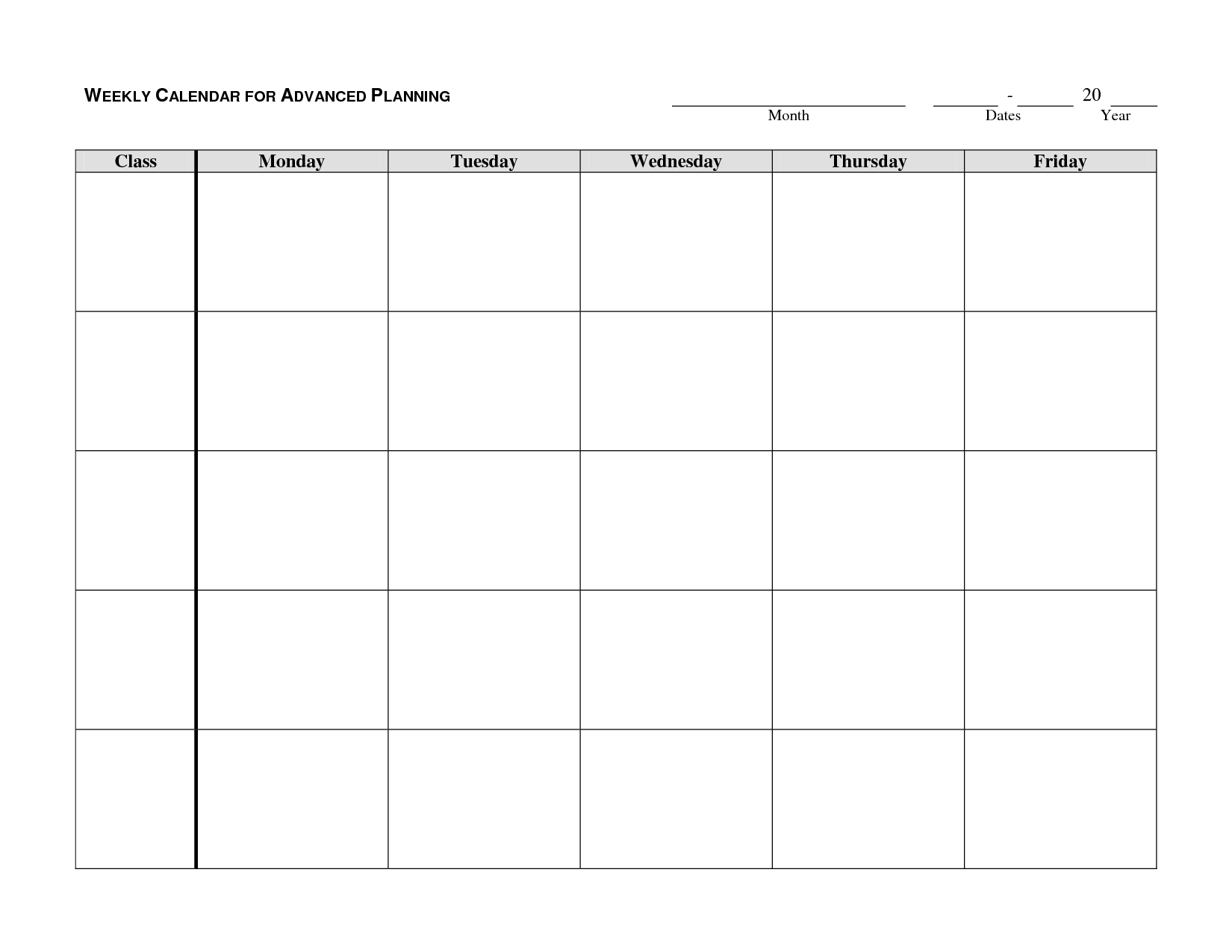 Free Blank Monday Through Friday Month Calendar Template