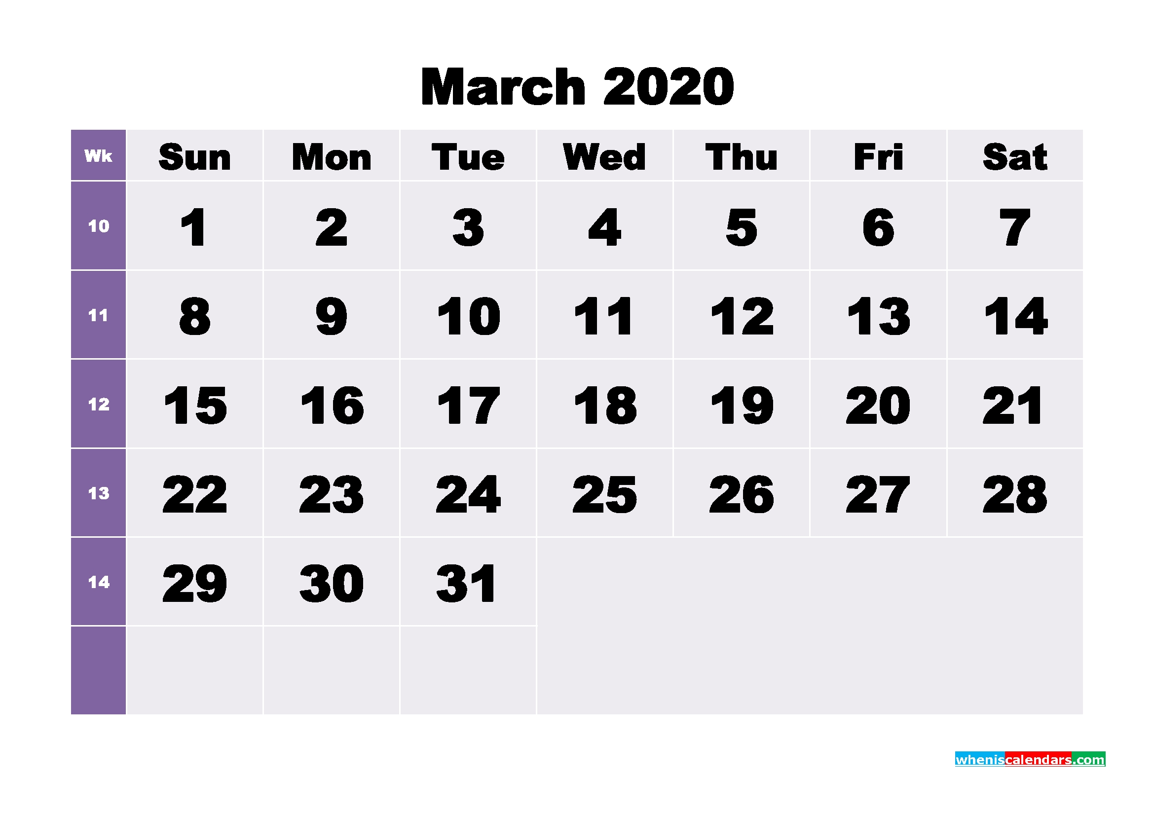 Monthly Printable Calendar 2020 March With Week Numbers