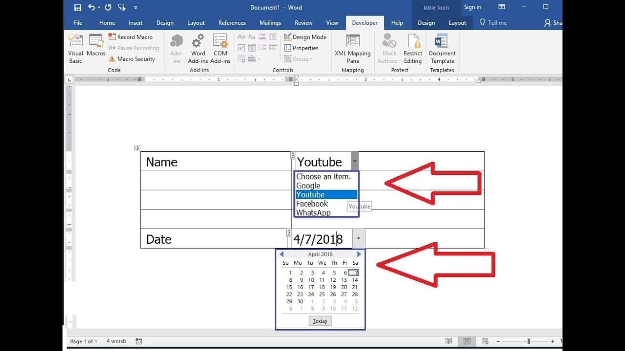 Ms Word: How To Create Drop Down List Of Date Calendar &amp; Name