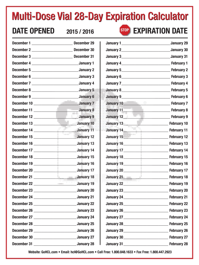 Universal Calendar For Medications 28 Days Expiration